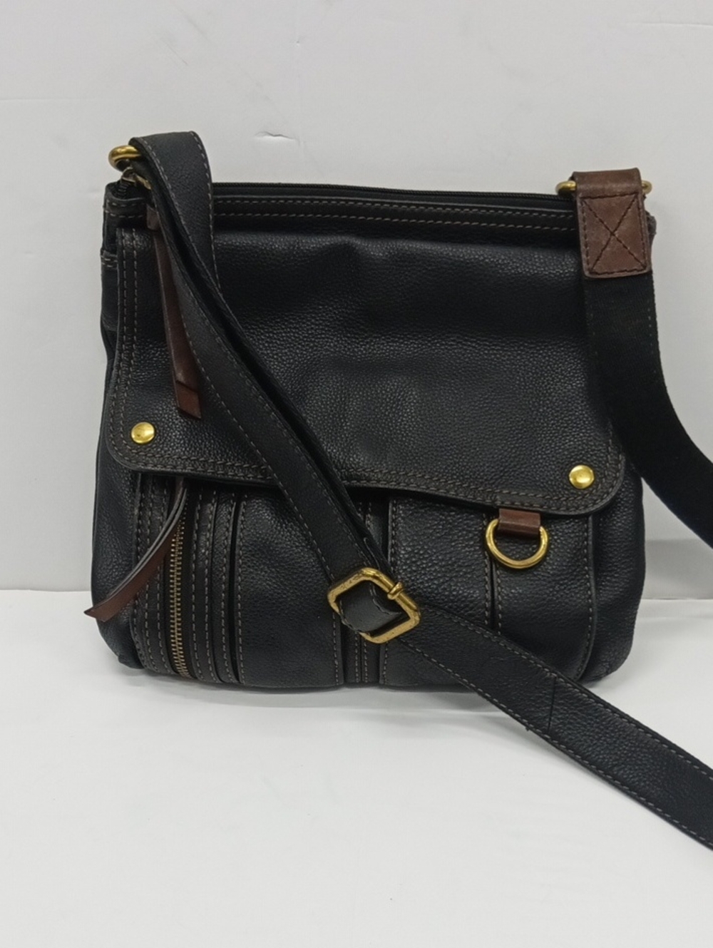 Fossil Morgan Traveler Genuine Leather Crossbody Messenger Bag Black  11" x 11"